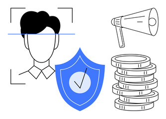 Facial recognition scan, shield with checkmark, coins stack, and megaphone. Ideal for technology, security, personal data, finance marketing communication reliability. Simple flat metaphor