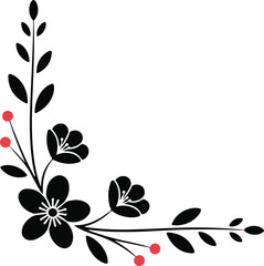 Elegant black floral corner accent with delicate red berries provides a versatile botanical decoration for various design projects.