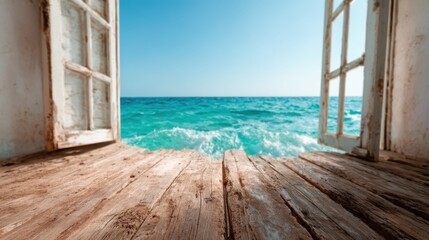 This image captures a serene ocean view from rustic open doors, inviting tranquility and a sense of escape to a peaceful seaside retreat filled with natural beauty.