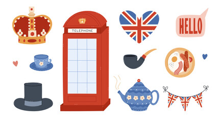 Lovely cartoon London set with Britain landmarks, English symbols. Hand drawn red telephone booth, bunting and heart with United Kingdom flag, royal crown, traditional breakfast isolated on white.