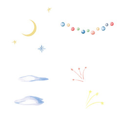 Set of small elements for decoration. Isolated watercolor on the theme of Christmas for interior design, children's clothing, poster printing, postcards, advertising posters, party decoration.