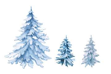 Set of three Christmas trees. Isolated watercolor on the theme of winter and Christmas for interior design, children's clothing, poster printing, postcards, advertising posters, party decoration.