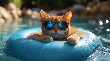 A relaxed orange cat wearing sunglasses floats on a blue pool float in a sunny backyard oasis