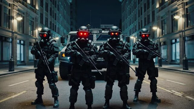 soldiers in all black armor and gas mask with red eyes in the middle of the street with rifles and apc and riot shields