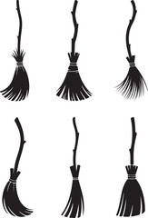 Naklejka premium Set of various witch brooms silhouette vector illustration. Halloween broomsticks set. broom Vector