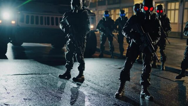 soldiers in all black armor and gas mask with red eyes in the middle of the street with rifles and apc and riot shields