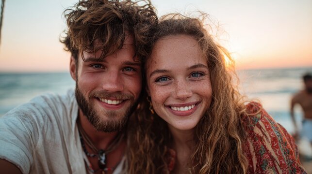 A joyful young couple taking a selfie at the beach during sunset, showcasing their radiant smiles, capturing a moment of happiness and intimacy against a beautiful backdrop.