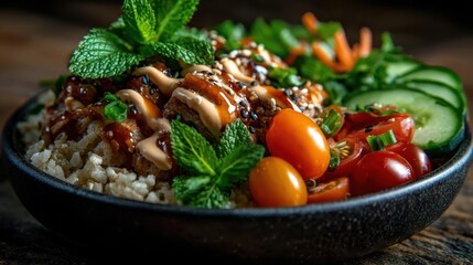 A beautiful arrangement of a healthy meal featuring grilled chicken, fresh vegetables, and garnishments in a vibrant bowl, showcasing nutrition and culinary artistry.
