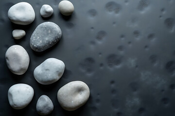 Smooth river stones scattered on matte black surface, AI-generated