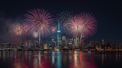 Colorful fireworks display lighting up the dark sky in a vibrant photorealistic image