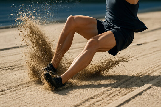 Dynamic landing in long jump event, muscular legs hitting sand with force - Powered by Adobe