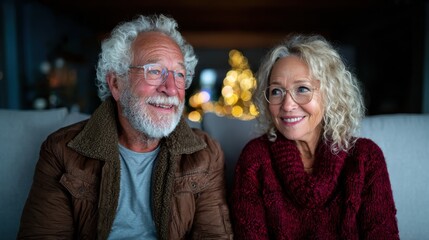 A joyful elderly couple with curly white hair sits closely together, smiling at each other, embodying the essence of enduring love and companionship in a warm, inviting setting.