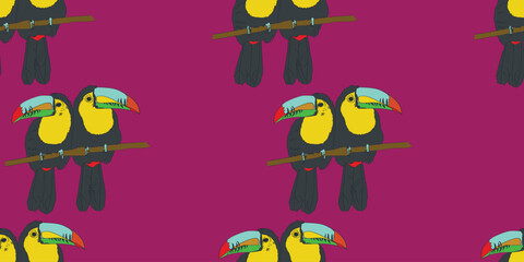 Toucan seamless pattern, green and purple texture. Flat vector stock illustration. Exotic bird toucan for printing on fabric, texture. Toucan pattern, ornament or texture. Endless toucan pattern