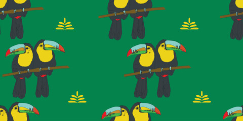 Toucan seamless pattern, green and purple texture. Flat vector stock illustration. Exotic bird toucan for printing on fabric, texture. Toucan pattern, ornament or texture. Endless toucan pattern