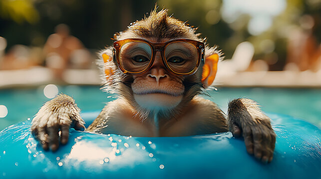 Playful monkey wearing glasses floats in a blue inner tube at a sunny poolside gathering