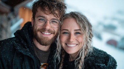 A cheerful couple posing together in a snowy environment, showcasing their happiness and connection while surrounded by a winter wonderland. Perfect for lifestyle themes.