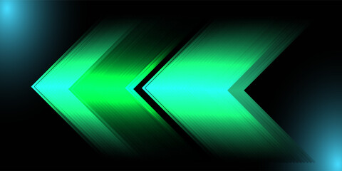 Glowing green neon chevron arrows pointing left on black background, abstract futuristic motion graphic design. vector illustration