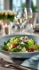 Gourmet caesar salad with croutons and cheese on restaurant table