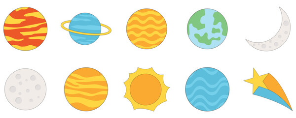 Set of vector isolated colorful planets on white background, space planet icons.