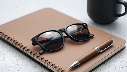 Fototapeta premium Minimalist Still Life with Black Notebook, Sunglasses, Wooden Pen, and Ceramic Mug
