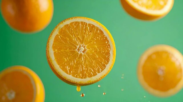 A vibrant orange slice is suspended mid-air, exuding a burst of freshness and invigorating zest against an eye-catching teal backdrop, offering a tantalizing visual experience.