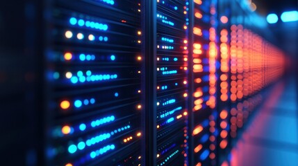 Rows of server racks with glowing lights