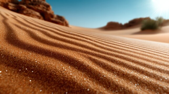 An artistic close-up of sand dunes in a desert landscape, showcasing the intricate patterns caused by wind and sunlight, evoking a sense of tranquility and vastness. - Powered by Adobe