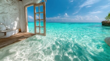 An inviting open door showcasing stunning turquoise ocean waters, symbolizing exploration, freedom, and breathtaking natural beauty awaiting just beyond the threshold.