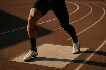 Strong legs and balance captured at takeoff mark during long jump event