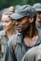 Diverse soldiers demonstrating unity and strength while walking through a lush green forest during a training exercise