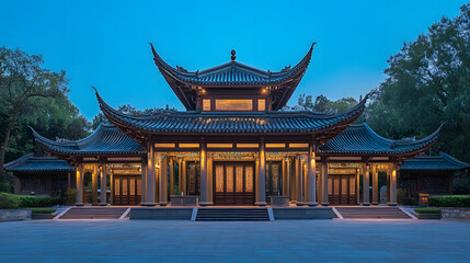Obraz premium Illustration of a Chinese style temple with an open courtyard with traditional architecture and ornate carvings. Illustration of popular places in the world.