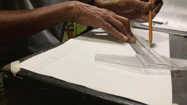 man is drafting a house plan using a pencil and T-square on a piece of bond paper at his desk.