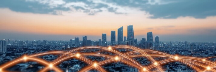 Fototapeta premium Futuristic Cityscape at Twilight with Communication Networks Illuminating the Urban Skyline at Dusk
