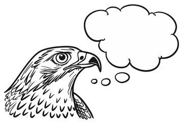 Fototapeta premium Cartoon eagle head in profile with a thought bubble isolated on white background in detailed line art