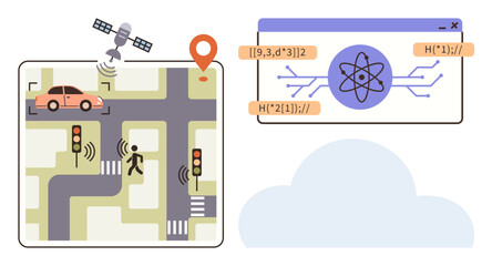 Obraz premium Car, pedestrian at traffic lights, satellite above, coding elements, cloud motif. Ideal for AI, smart city, automation, autonomous vehicles IoT applications traffic systems simple flat metaphor
