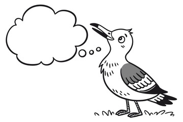 A seagull stands with a blank thought bubble isolated on white background