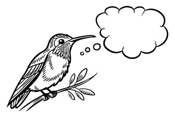 A hummingbird perches on a branch with a blank thought bubble isolated on white background