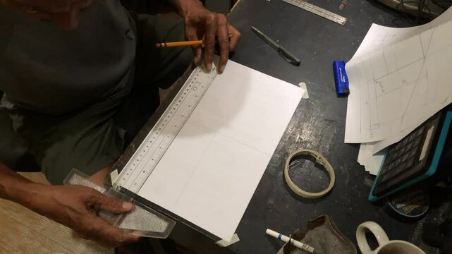 man is drafting a house plan using a pencil and T-square on a piece of bond paper at his desk. Timelapse
