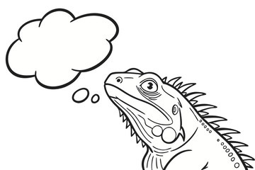 Cartoon iguana is thinking with a thought bubble isolated on white background