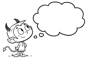 Cartoon devil is thinking with a thought bubble isolated on white background