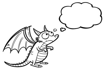 Cartoon dragon with a thought bubble isolated on white background
