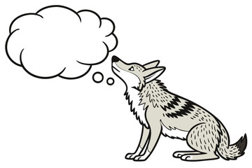 Cartoon wolf with a thought bubble isolated on white background