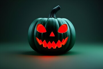 Sinister Red-Glowing Jack-o'-Lantern on Dark Green Halloween Scene