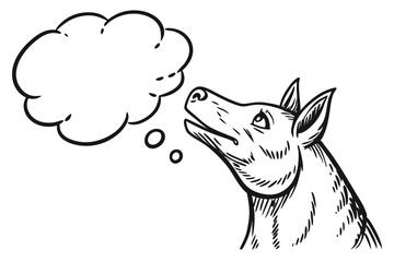 A cartoon dog looking up at a thought bubble isolated on white background