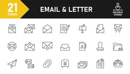 Email and Letter line icon set. Set of 21 outline icons related to E-mail, email, send, receive, notice, message, envelope, inbox and others. Editable stroke. Vector illustration.