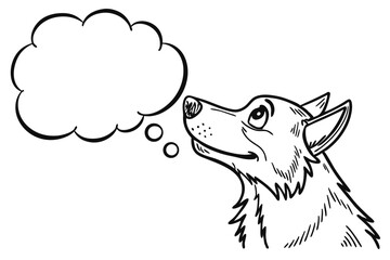 A cartoon dog looks up at a blank thought bubble isolated on white background