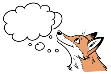 An orange cartoon fox looks up at a blank thought bubble isolated on white background