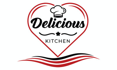 A heart shaped logo with the words delicious kitchen and a chef hat symbolizing culinary passion and delicious food