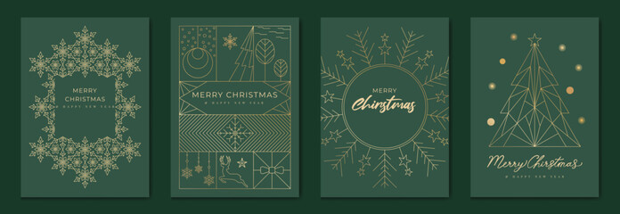 Obraz na płótnie Canvas Luxury christmas invitation card art deco design vector. Christmas tree, bauble ball, snowflake, reindeer line art on green background. Design illustration for cover, poster, wallpaper.