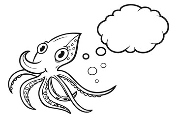 A cartoon octopus with a thought bubble isolated on white background displays a whimsical and playful sea creature illustration